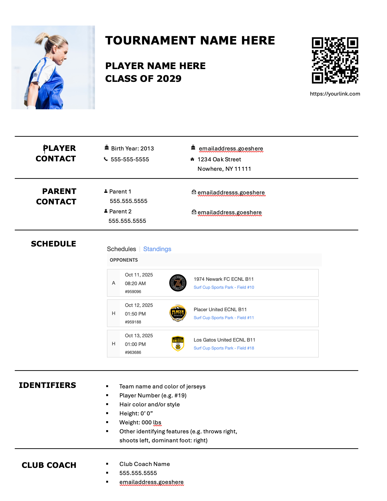 College Recruiting Player Profile Templates | Word Templates for Showcases & Coach Outreach