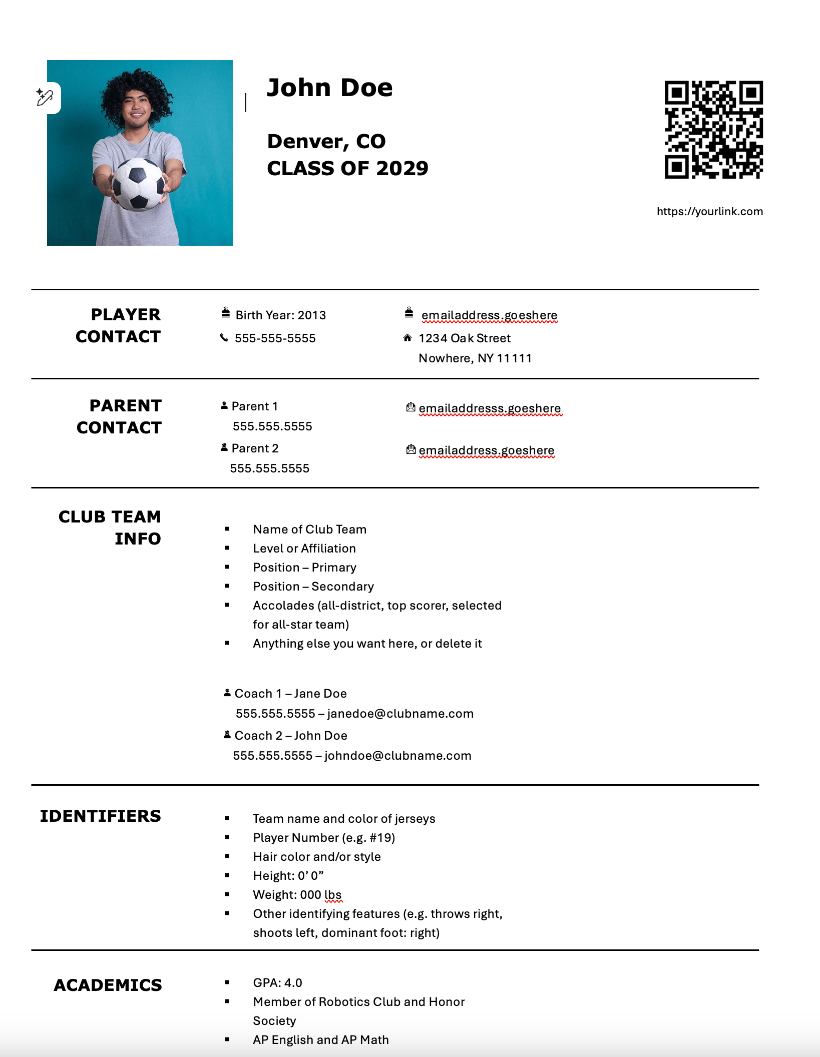 College Recruiting Player Profile Templates | Word Templates for Showcases & Coach Outreach